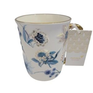 NWT Papyrus‎ Blue Creme 3D Florals Ceramic Mug Gold Trim Embossed Botanical